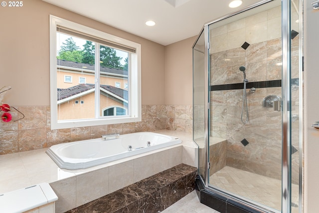 16215 SE Rivershore Dr, Vancouver, WA 98683 - full bathroom featuring a garden tub, a shower stall, and recessed lighting