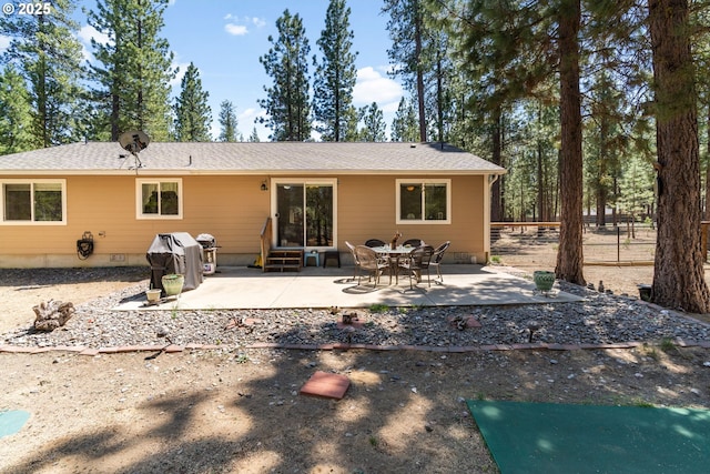 back of house featuring entry steps, a patio, crawl space, and a shingled roof
