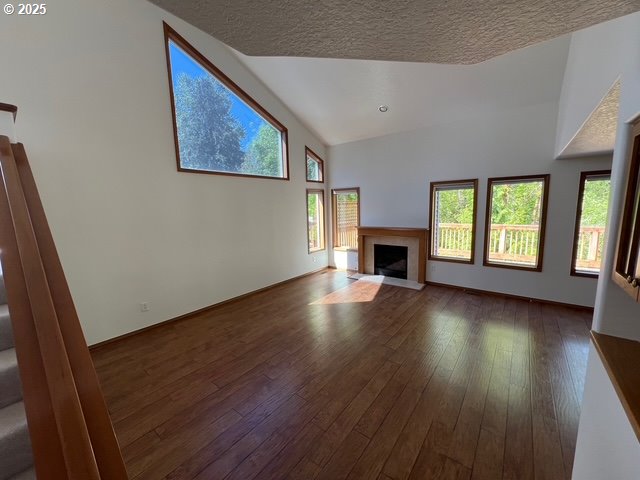 2217 NE 179th St Unit 22, Ridgefield, WA 98642 - unfurnished living room featuring a healthy amount of sunlight, wood-type flooring, a fireplace with flush hearth, and lofted ceiling