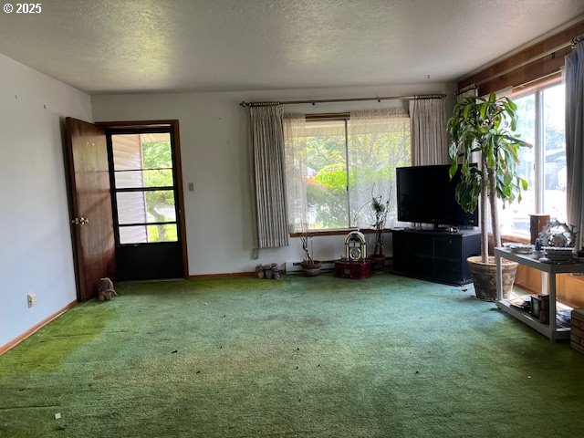 13727 SE Raymond St, Portland, OR 97236 - living room with plenty of natural light, carpet floors, a textured ceiling, and baseboards