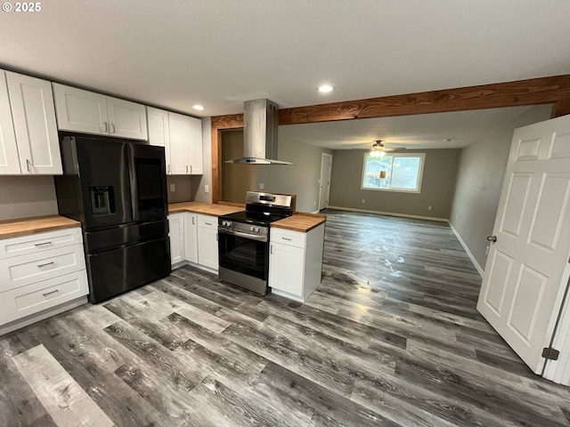441 NE Johnson St, Myrtle Creek, OR 97457 - kitchen with wooden counters, stainless steel electric range, exhaust hood, black fridge, and dark wood-style floors