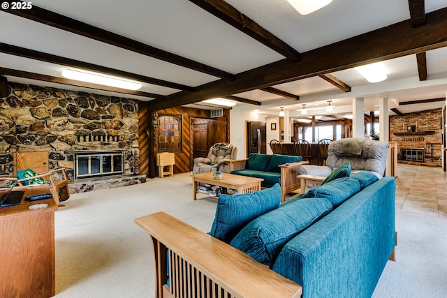 36910 Edgehill Rd, Springfield, OR 97478 - living room featuring a fireplace, beamed ceiling, and light colored carpet