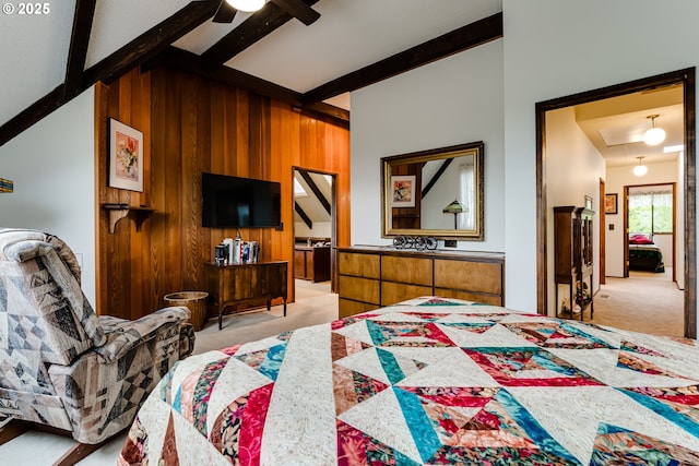 36910 Edgehill Rd, Springfield, OR 97478 - bedroom featuring light carpet, wood walls, attic access, beam ceiling, and a ceiling fan