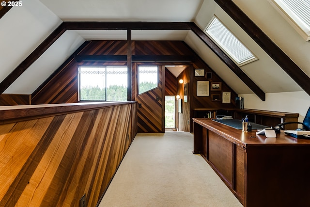 36910 Edgehill Rd, Springfield, OR 97478 - unfurnished office with vaulted ceiling, carpet flooring, wood walls, and a skylight