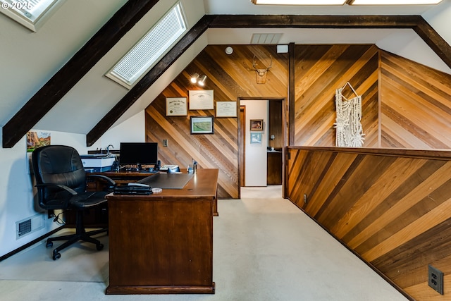 36910 Edgehill Rd, Springfield, OR 97478 - office area featuring finished concrete flooring, a skylight, and wooden walls
