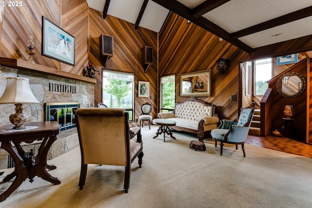 36910 Edgehill Rd, Springfield, OR 97478 - living room with plenty of natural light, wooden walls, a fireplace, and carpet