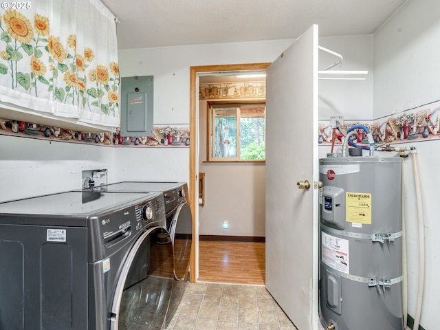 24873 S Beeson Rd, Beavercreek, OR 97004 - laundry room with water heater, washer and dryer, electric panel, and light wood-style flooring