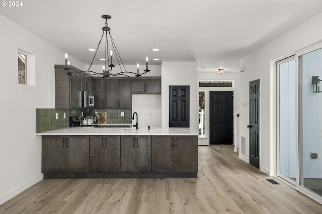 kitchen featuring backsplash, stainless steel appliances, a peninsula, light countertops, and dark brown cabinets