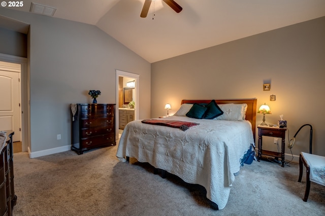 754 Manbrin Dr N, Keizer, OR 97303 - bedroom with vaulted ceiling, carpet floors, baseboards, connected bathroom, and a ceiling fan