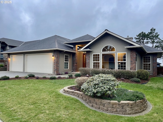 ranch-style house with brick siding, a garage, driveway, and a front lawn