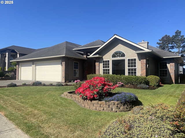 2180 Hayes St, North Bend, OR 97459 - ranch-style home with an attached garage, a chimney, a front yard, and brick siding