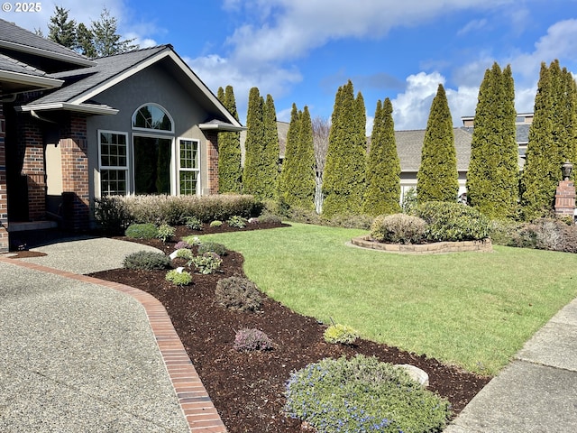 view of side of home featuring a yard and stucco siding