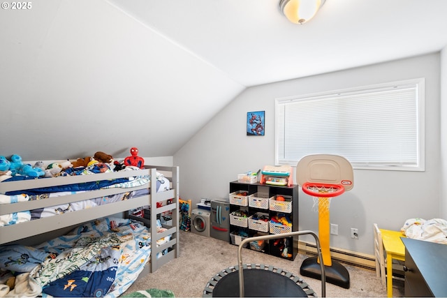 carpeted bedroom with lofted ceiling and a baseboard radiator