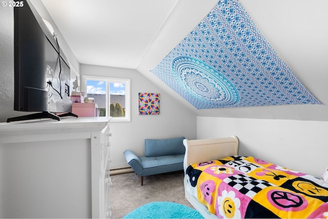 bedroom featuring lofted ceiling, carpet floors, and a baseboard heating unit