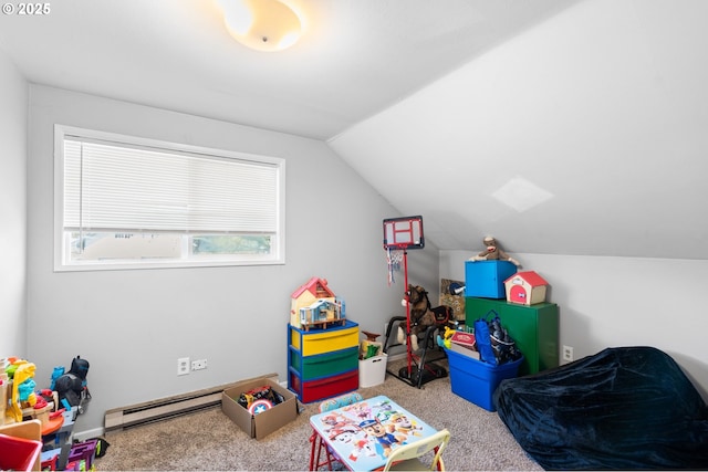 rec room with light colored carpet, lofted ceiling, and a baseboard radiator