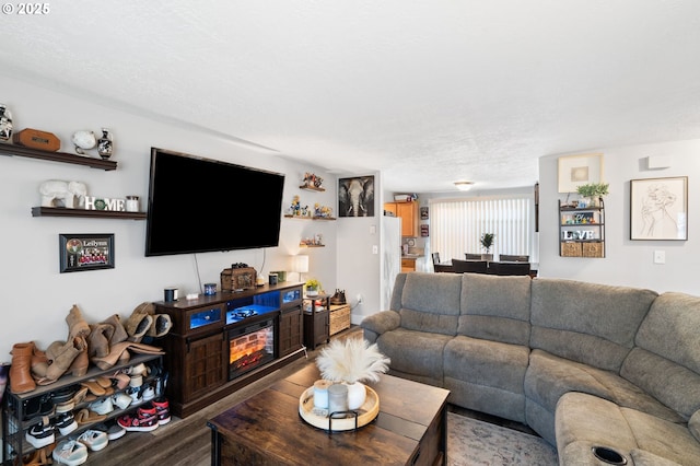 living room featuring a fireplace, wood-type flooring, and a textured ceiling