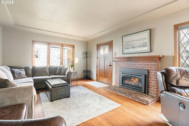 living room with a fireplace and hardwood / wood-style flooring