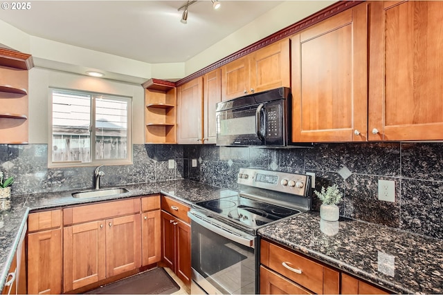 kitchen featuring open shelves, black microwave, electric stove, and a sink