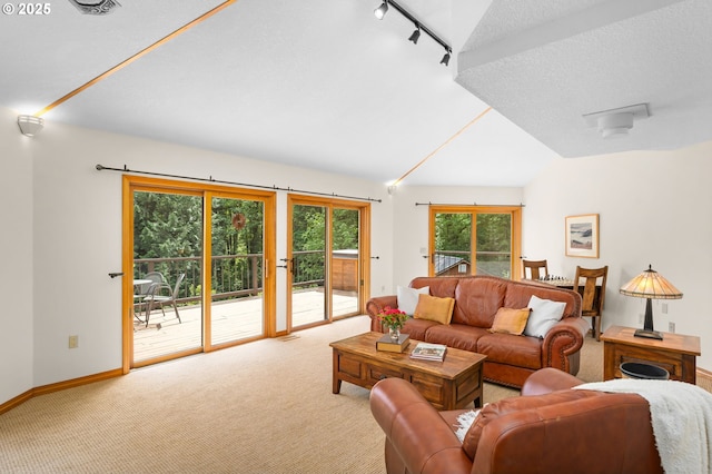 living area with light carpet, vaulted ceiling, track lighting, baseboards, and a textured ceiling