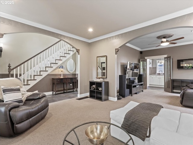 5610 NE Going St, Portland, OR 97218 - living room with arched walkways, ceiling fan, crown molding, carpet floors, and recessed lighting