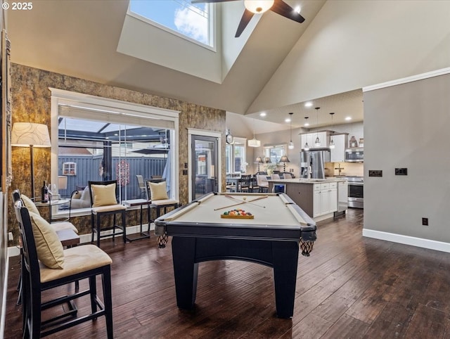 5610 NE Going St, Portland, OR 97218 - playroom featuring a ceiling fan, billiards table, dark wood-style flooring, high vaulted ceiling, and baseboards