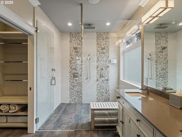 5610 NE Going St, Portland, OR 97218 - bathroom featuring a stall shower, vanity, and recessed lighting