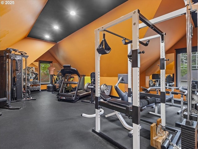 5610 NE Going St, Portland, OR 97218 - exercise room featuring vaulted ceiling and recessed lighting