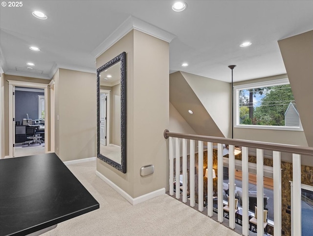 5610 NE Going St, Portland, OR 97218 - hallway with crown molding, recessed lighting, baseboards, carpet floors, and an upstairs landing