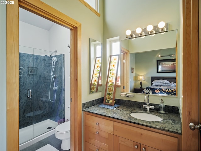 bathroom featuring walk in shower, vanity, and toilet