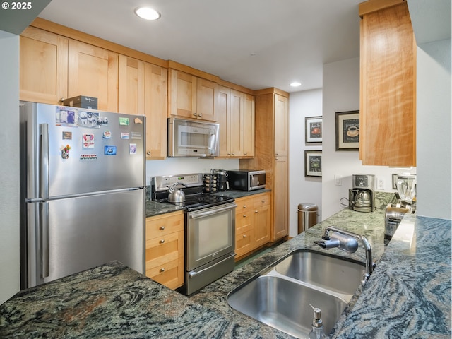 kitchen with appliances with stainless steel finishes, sink, and dark stone counters