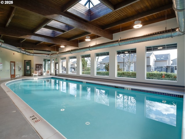 view of pool with a skylight