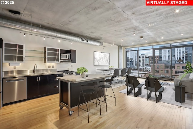 kitchen featuring a sink, stainless steel countertops, light wood-style floors, appliances with stainless steel finishes, and dark cabinets