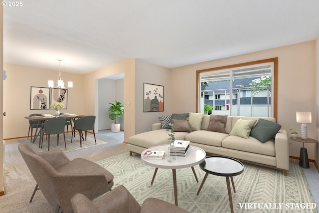 251 NE Village Squire Ave Unit 15, Gresham, OR 97030 - living room featuring light colored carpet, a chandelier, and baseboards