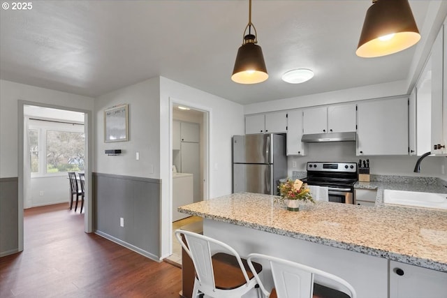 kitchen with under cabinet range hood, a sink, a peninsula, dark wood-type flooring, and appliances with stainless steel finishes