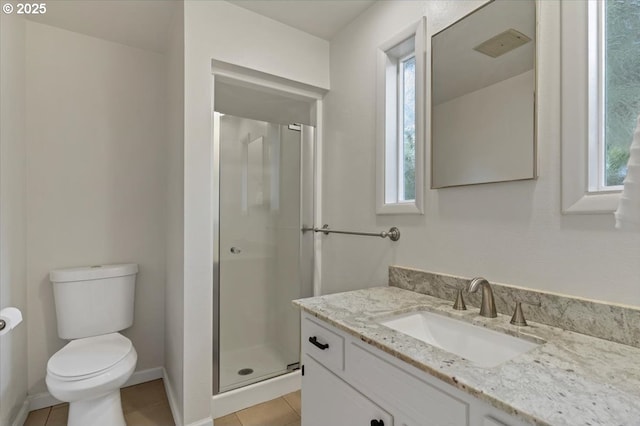 full bathroom with toilet, a shower stall, plenty of natural light, and tile patterned floors