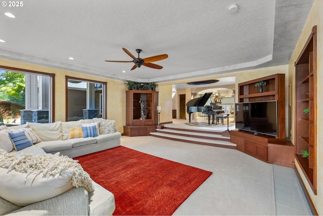 6421 Brooklake Rd, Salem, OR 97305 - living area featuring recessed lighting, carpet floors, a textured ceiling, and a ceiling fan