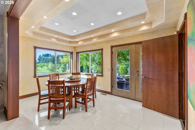 6421 Brooklake Rd, Salem, OR 97305 - dining space with a raised ceiling, baseboards, french doors, and recessed lighting
