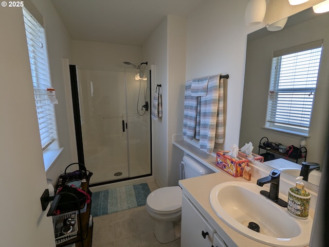 250 W 13th St, Lafayette, OR 97127 - full bathroom featuring a shower stall, vanity, tile patterned flooring, and toilet