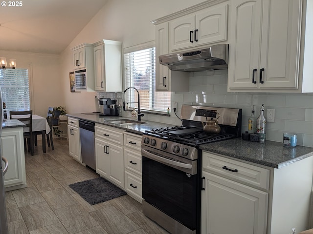 250 W 13th St, Lafayette, OR 97127 - kitchen with stainless steel appliances, under cabinet range hood, a sink, lofted ceiling, and tasteful backsplash