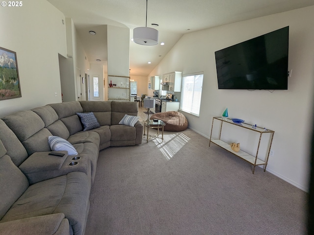 250 W 13th St, Lafayette, OR 97127 - carpeted living area featuring high vaulted ceiling, baseboards, and recessed lighting