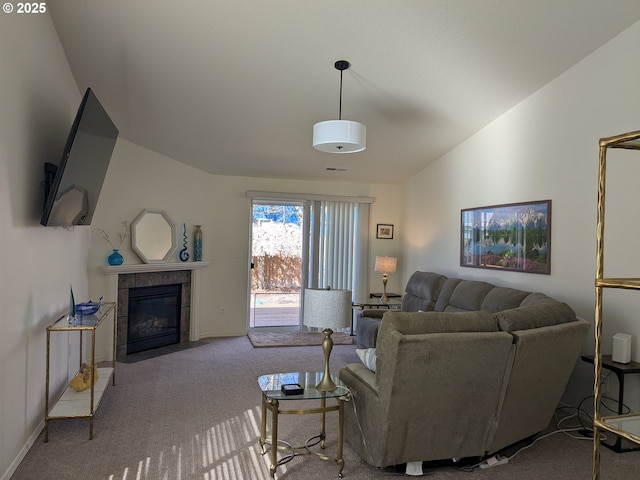 250 W 13th St, Lafayette, OR 97127 - living room with carpet, a fireplace, baseboards, and vaulted ceiling