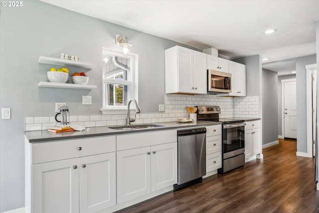 63 S 22nd St, Saint Helens, OR 97051 - kitchen with appliances with stainless steel finishes, a sink, decorative backsplash, white cabinets, and recessed lighting