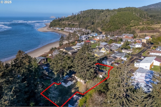 drone / aerial view with a water view and a view of the beach