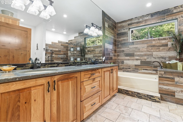39100 SE Tumala Mountain Rd, Estacada, OR 97023 - bathroom with double vanity, a garden tub, recessed lighting, a tile shower, and tile patterned flooring