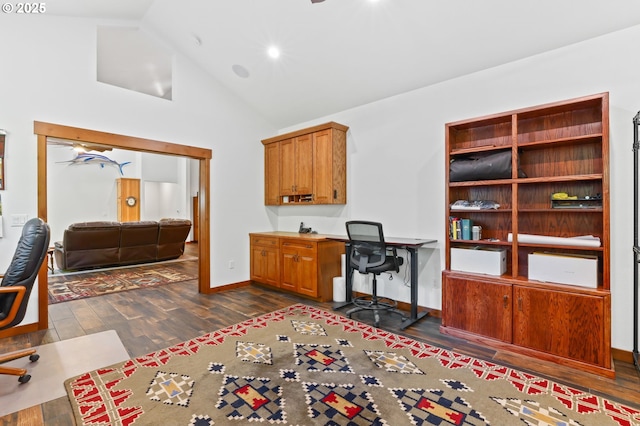 39100 SE Tumala Mountain Rd, Estacada, OR 97023 - home office with dark wood-type flooring, baseboards, high vaulted ceiling, and recessed lighting