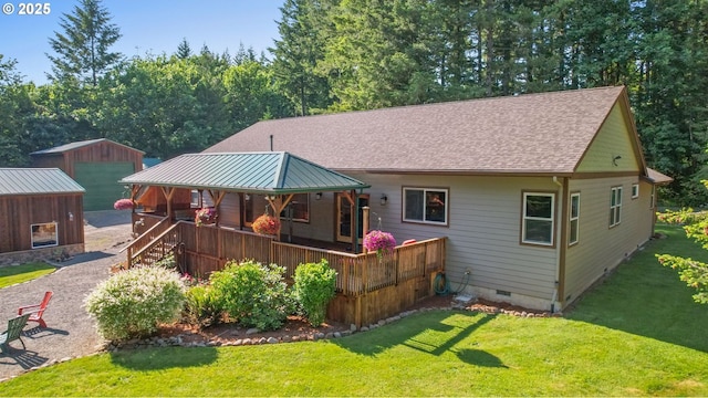 39100 SE Tumala Mountain Rd, Estacada, OR 97023 - rear view of property featuring crawl space, a lawn, a porch, and an outdoor structure