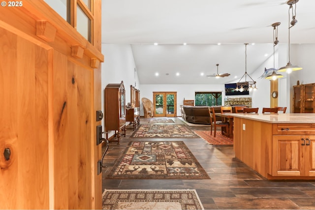 39100 SE Tumala Mountain Rd, Estacada, OR 97023 - kitchen featuring ceiling fan, light countertops, pendant lighting, a fireplace, and open floor plan