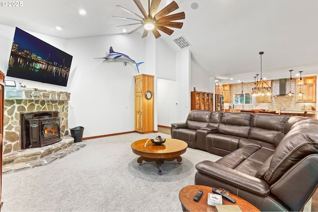 39100 SE Tumala Mountain Rd, Estacada, OR 97023 - living area featuring carpet floors, ceiling fan, high vaulted ceiling, recessed lighting, and baseboards