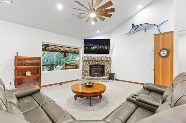 39100 SE Tumala Mountain Rd, Estacada, OR 97023 - carpeted living area featuring ceiling fan, lofted ceiling, baseboards, a fireplace, and recessed lighting