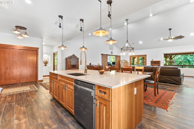 39100 SE Tumala Mountain Rd, Estacada, OR 97023 - kitchen featuring dishwasher, a sink, open floor plan, lofted ceiling, and light stone counters